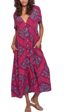 NEW- Natural Life - Avery Midi Dress - Red Floral V-Neck Button Front  - Size XL